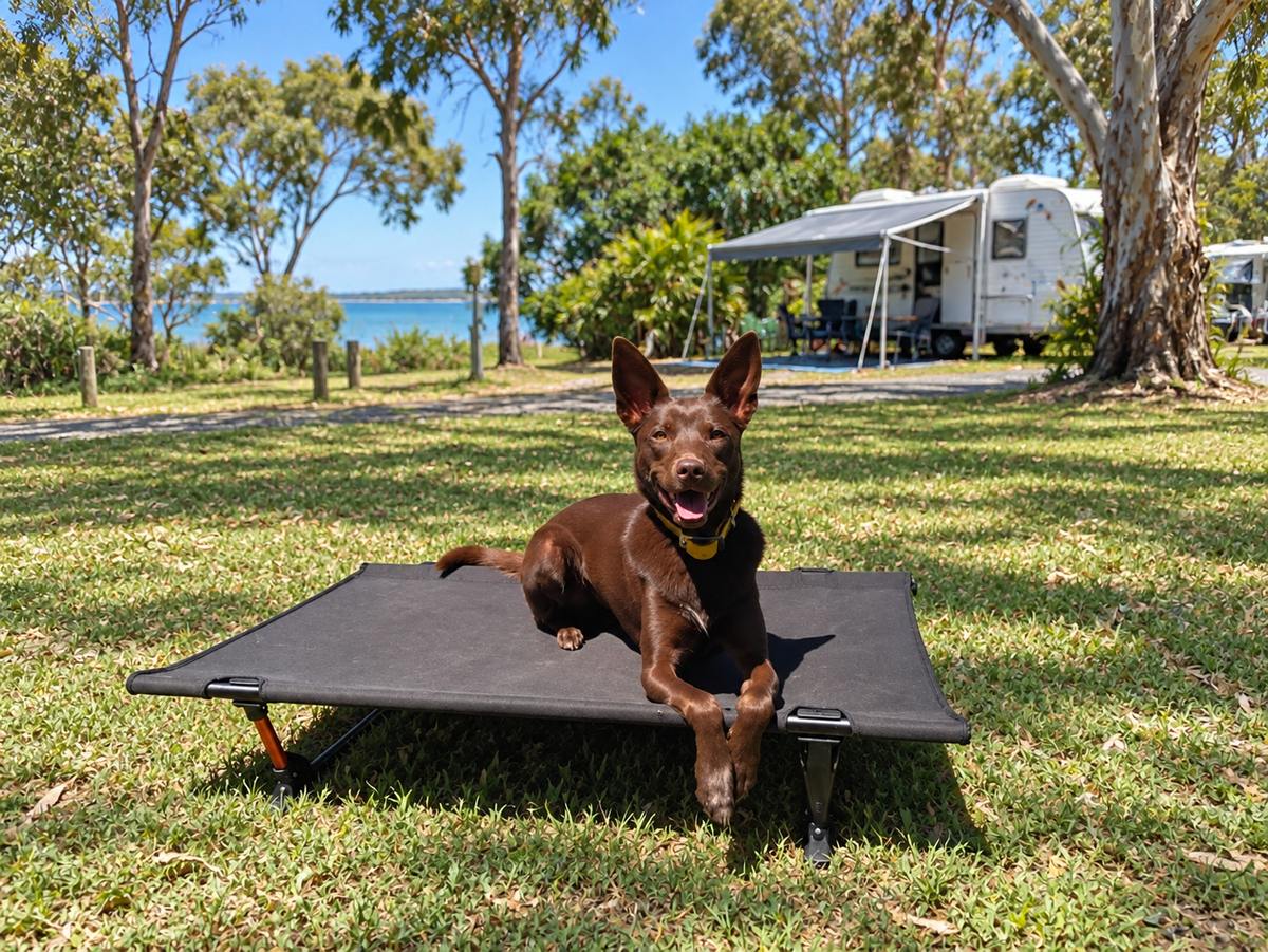 Dog relaxing on a HOUND Camp Cot at a Fraser Coast caravan park