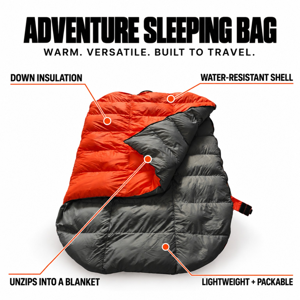 HOUND Adventure dog sleeping bag with down insulation, water-resistant shell and unzip-to-blanket design