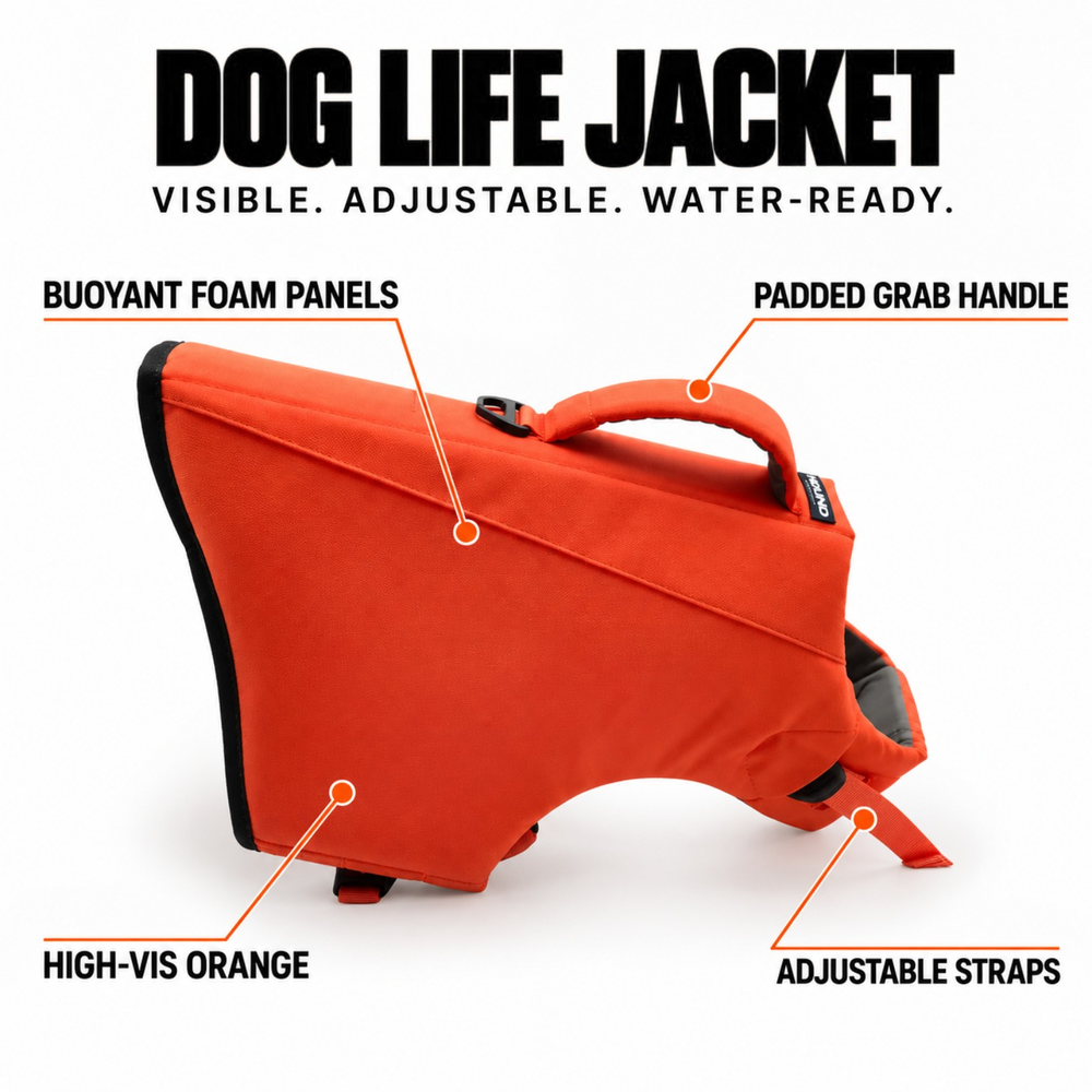 HOUND orange dog life jacket showing buoyant foam panels, padded grab handle and adjustable straps