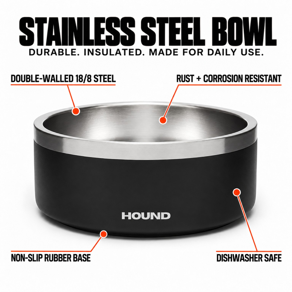 HOUND double-walled stainless steel dog bowl with non-slip base, insulated 18/8 steel and dishwasher-safe design
