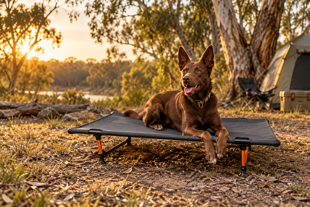 Chocolate Kelpie relaxing on the HOUND Camp Cot at an Australian bush campsite