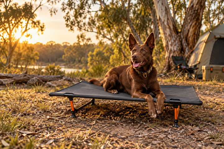 Chocolate Kelpie relaxing on the HOUND Camp Cot at an Australian bush campsite