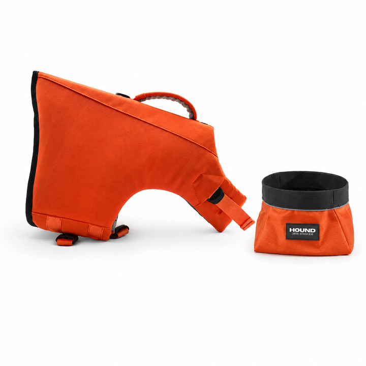 HOUND Float Kit with orange Dog Life Jacket and Trail Bowl